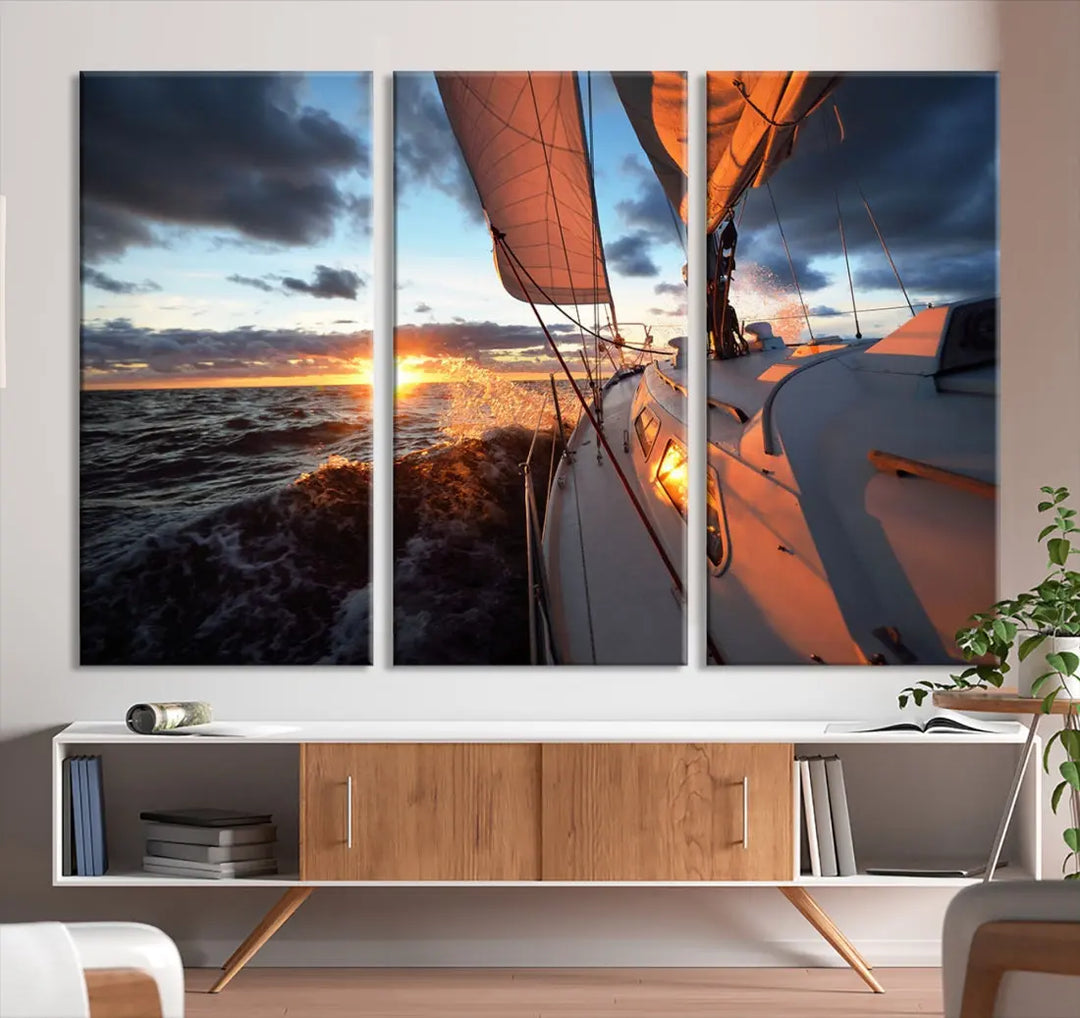 Boat at Sunset Canvas Wall Art Print Set of Nautical Wall Art