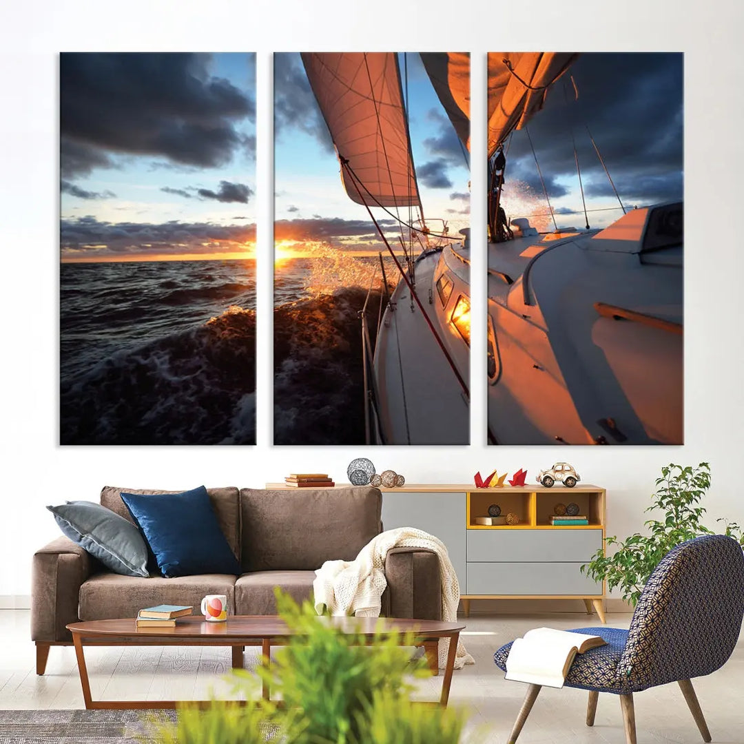 Boat at Sunset Canvas Wall Art Print Set of Nautical Wall Art