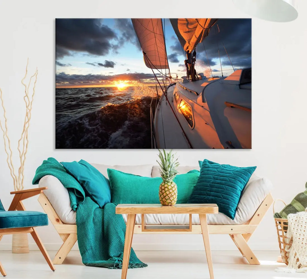 Boat at Sunset Canvas Wall Art Print Set of Nautical Wall Art