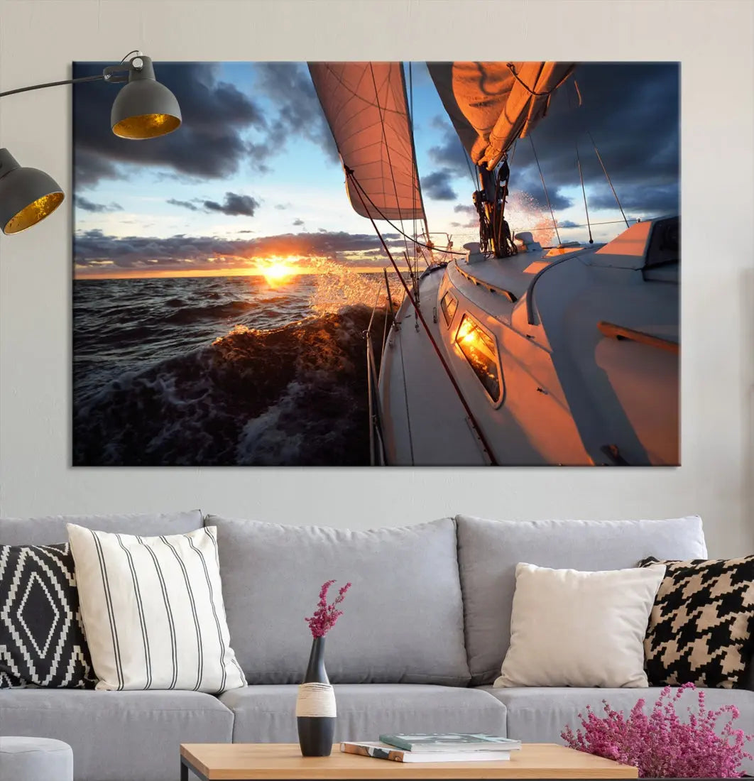 Boat at Sunset Canvas Wall Art Print Set of Nautical Wall Art