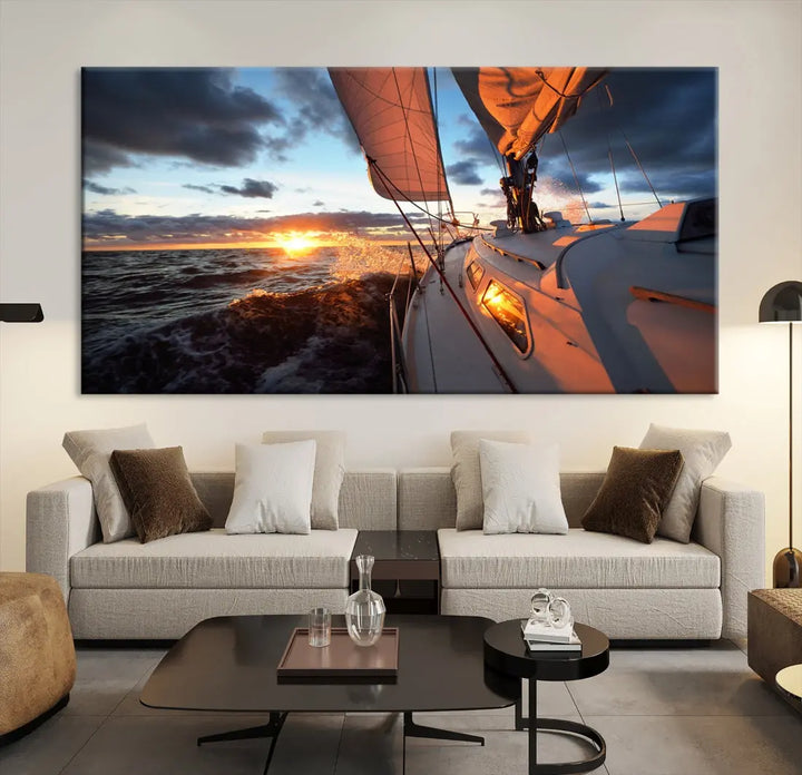 Boat at Sunset Canvas Wall Art Print Set of Nautical Wall Art