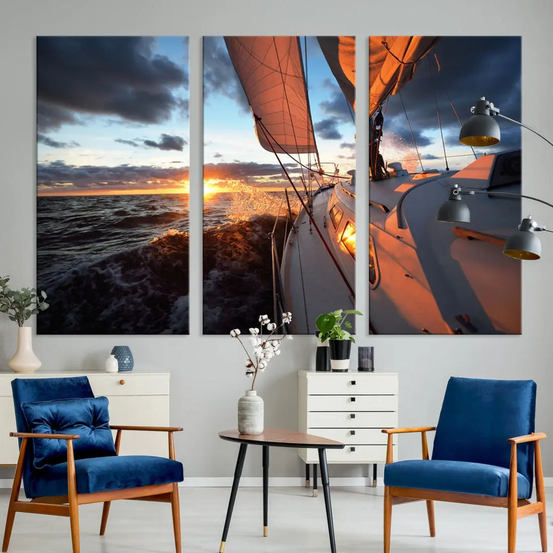 Boat at Sunset Canvas Wall Art Print Set of Nautical Wall Art