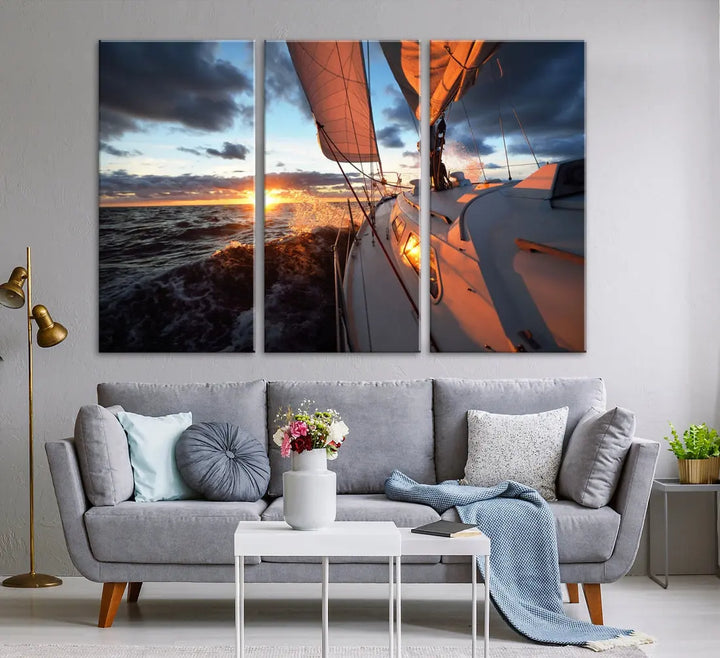 Boat at Sunset Canvas Wall Art Print Set of Nautical Wall Art