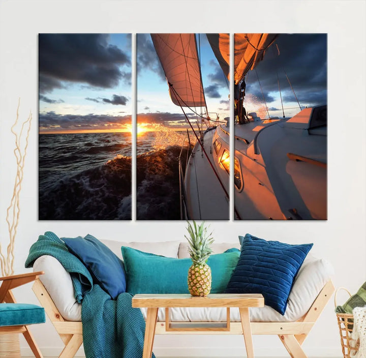 Boat at Sunset Canvas Wall Art Print Set of Nautical Wall Art