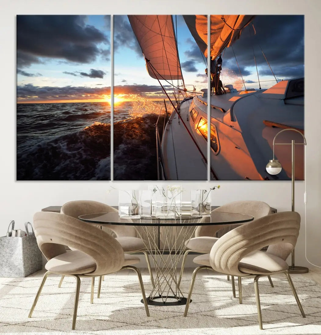 Boat at Sunset Canvas Wall Art Print Set of Nautical Wall Art