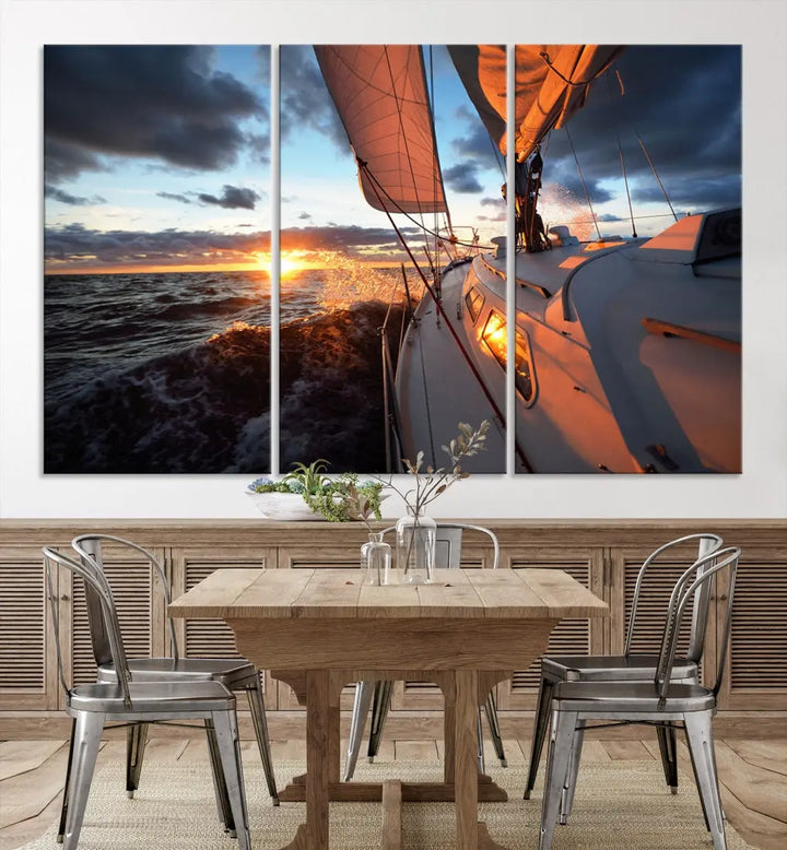 Boat at Sunset Canvas Wall Art Print Set of Nautical Wall Art