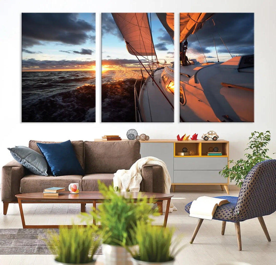 Boat at Sunset Canvas Wall Art Print Set of Nautical Wall Art