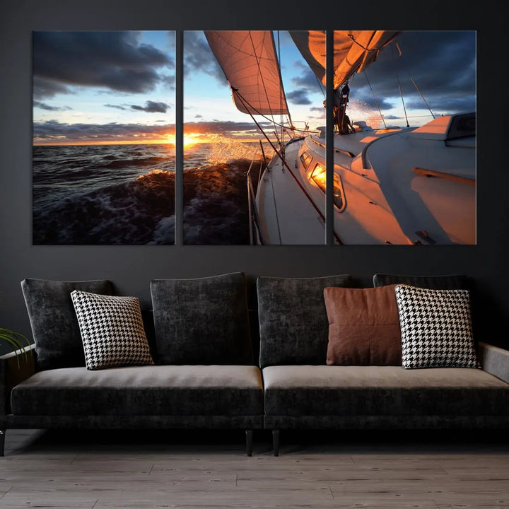 Boat at Sunset Canvas Wall Art Print Set of Nautical Wall Art