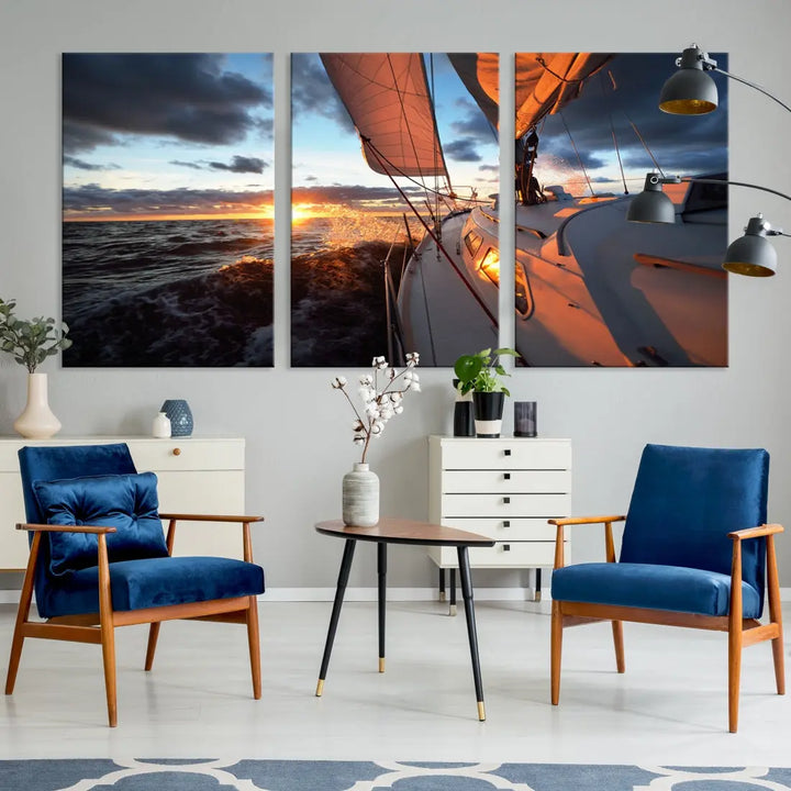 Boat at Sunset Canvas Wall Art Print Set of Nautical Wall Art