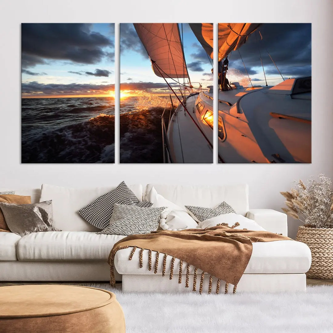 Boat at Sunset Canvas Wall Art Print Set of Nautical Wall Art