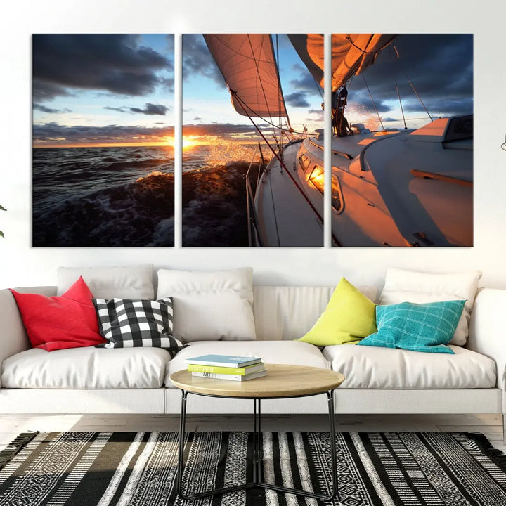 Boat at Sunset Canvas Wall Art Print Set of Nautical Wall Art