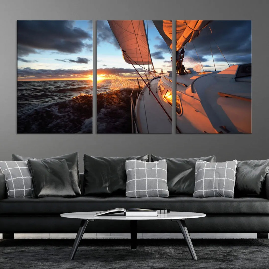 Boat at Sunset Canvas Wall Art Print Set of Nautical Wall Art