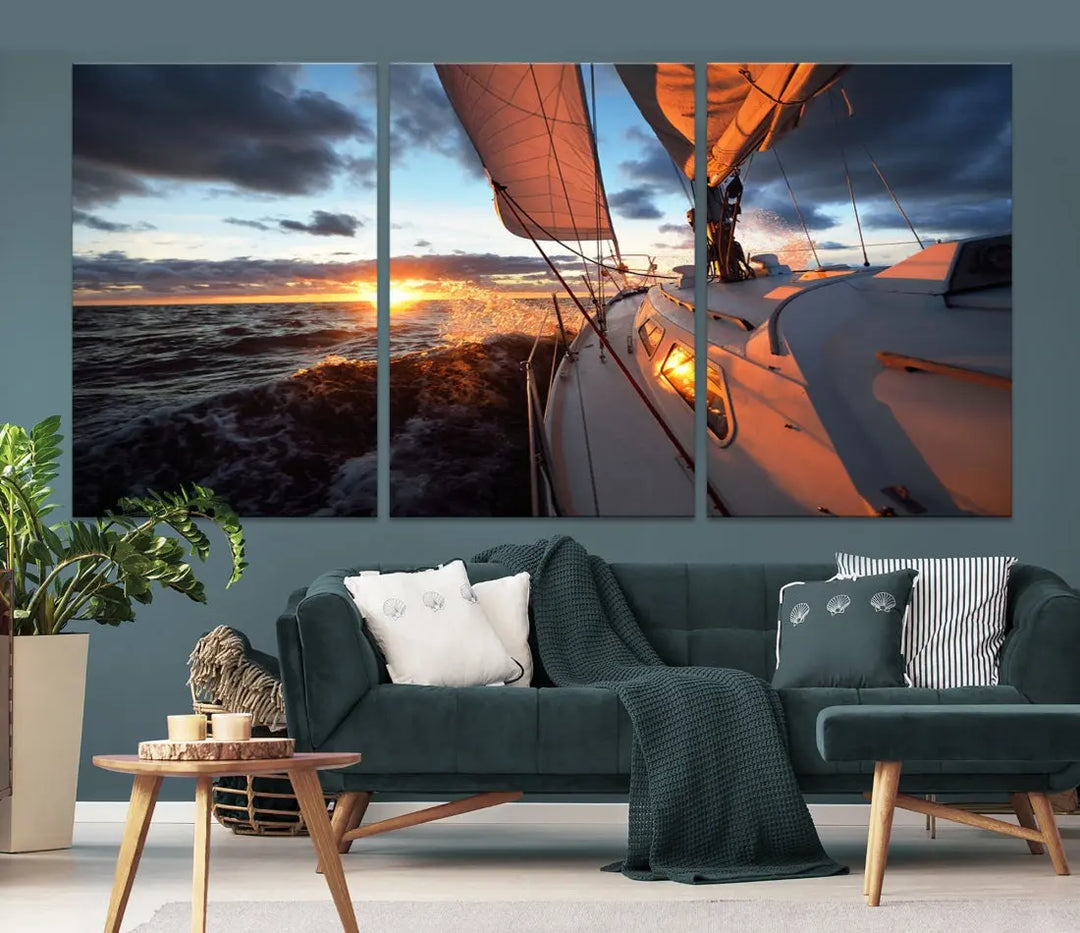 Boat at Sunset Canvas Wall Art Print Set of Nautical Wall Art