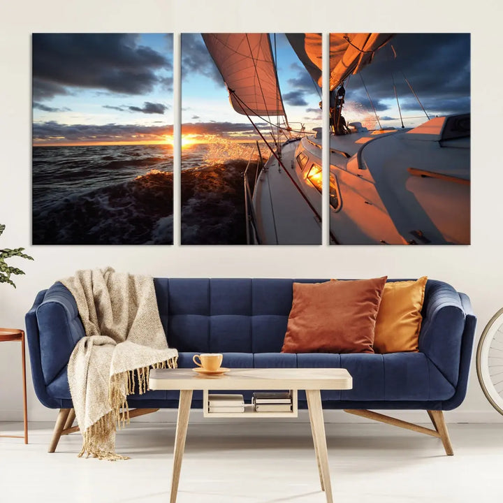 Boat at Sunset Canvas Wall Art Print Set of Nautical Wall Art