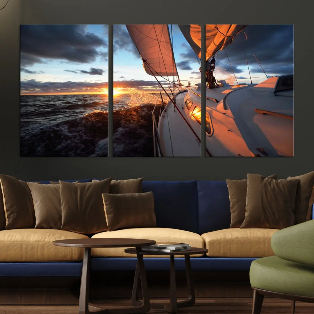 Boat at Sunset Canvas Wall Art Print Set of Nautical Wall Art