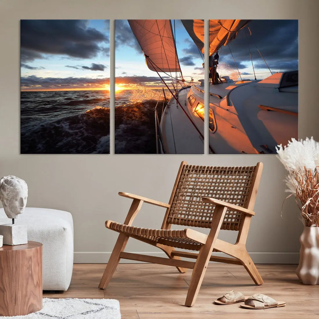 Boat at Sunset Canvas Wall Art Print Set of Nautical Wall Art