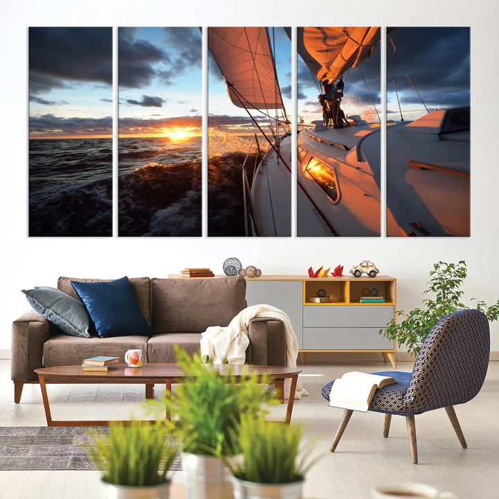 Boat at Sunset Canvas Wall Art Print Set of Nautical Wall Art