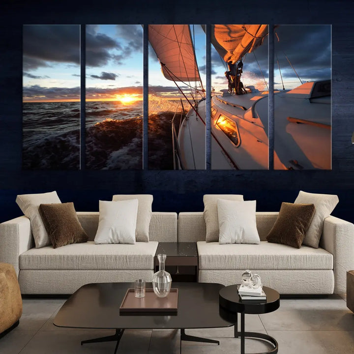 Boat at Sunset Canvas Wall Art Print Set of Nautical Wall Art