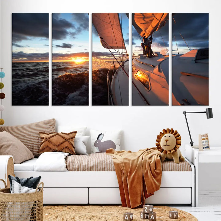 Boat at Sunset Canvas Wall Art Print Set of Nautical Wall Art