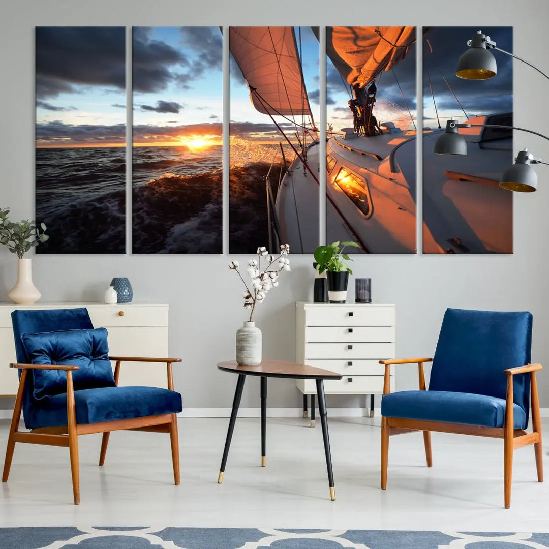 Boat at Sunset Canvas Wall Art Print Set of Nautical Wall Art