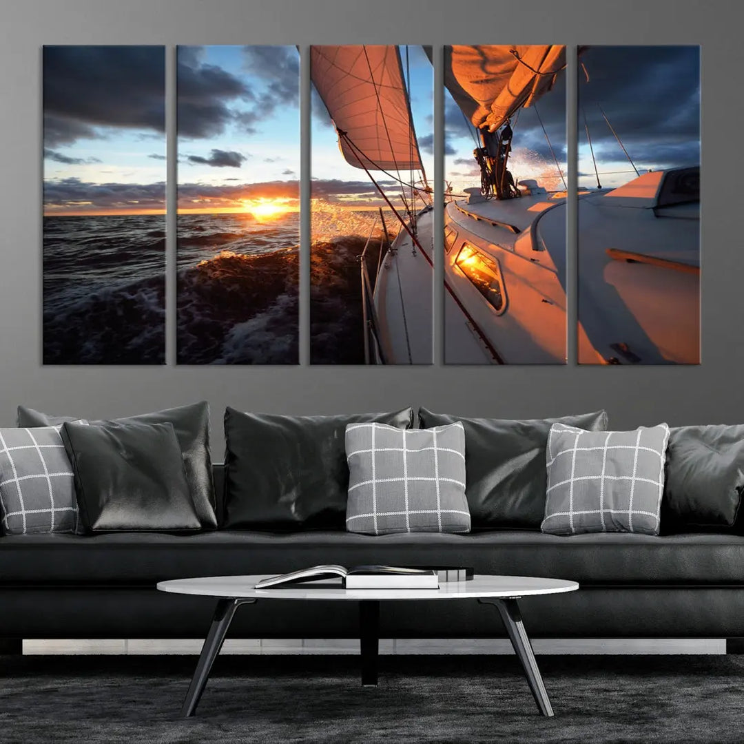 Boat at Sunset Canvas Wall Art Print Set of Nautical Wall Art