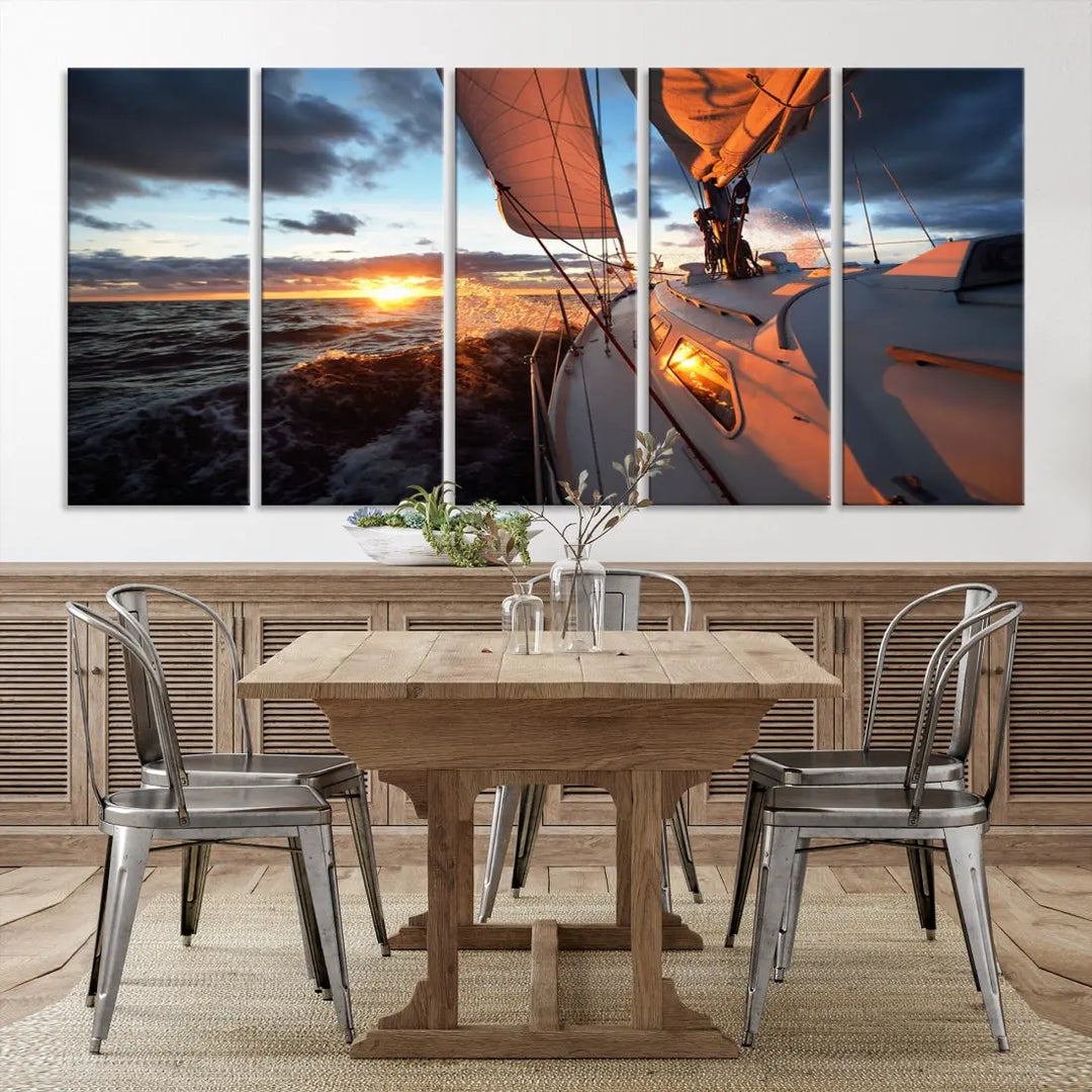 Boat at Sunset Canvas Wall Art Print Set of Nautical Wall Art