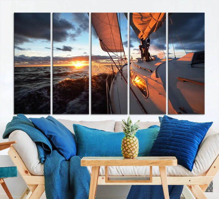 Boat at Sunset Canvas Wall Art Print Set of Nautical Wall Art