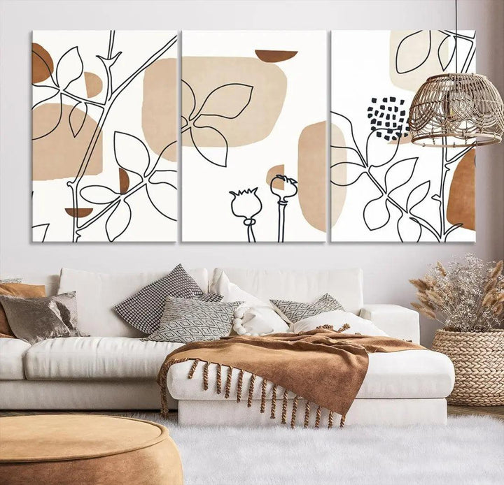 Boho Floral Large Wall Art Botanical Canvas Print Mid Century Style Art