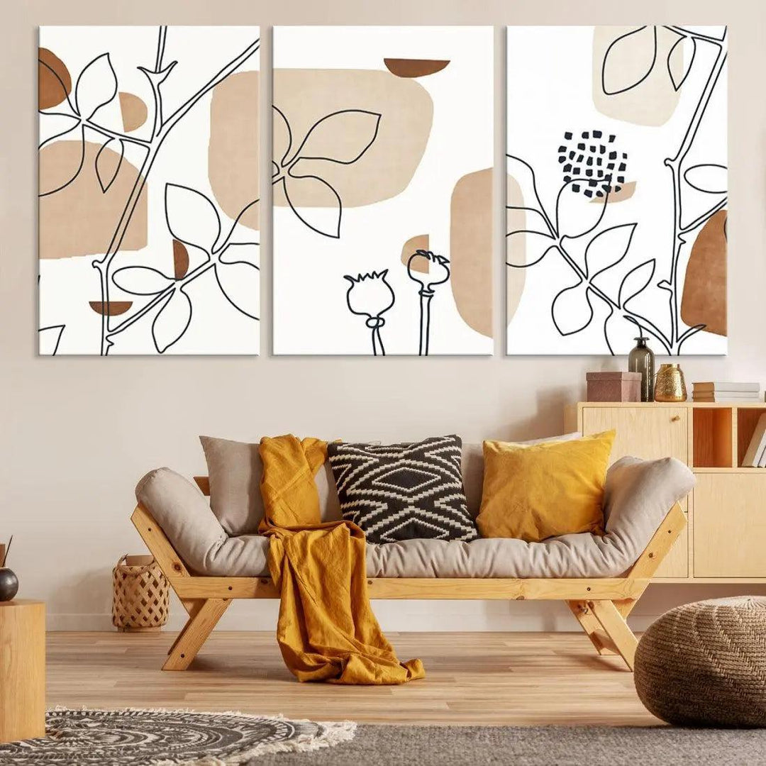 Boho Floral Large Wall Art Botanical Canvas Print Mid Century Style Art