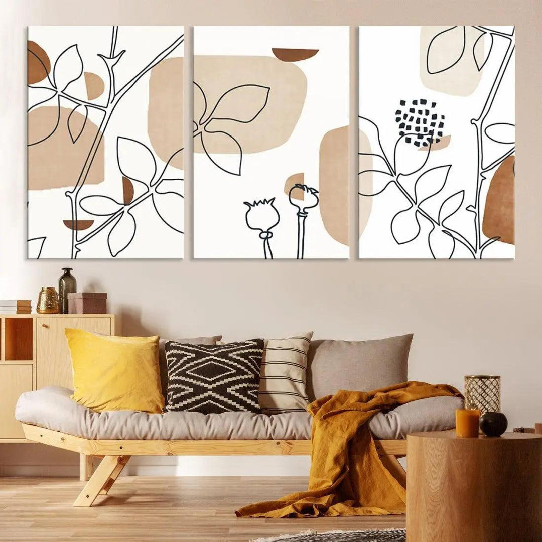 Boho Floral Large Wall Art Botanical Canvas Print Mid Century Style Art