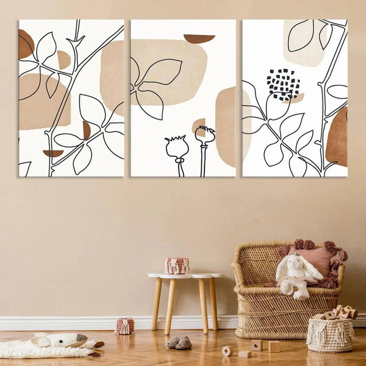 Boho Floral Large Wall Art Botanical Canvas Print Mid Century Style Art