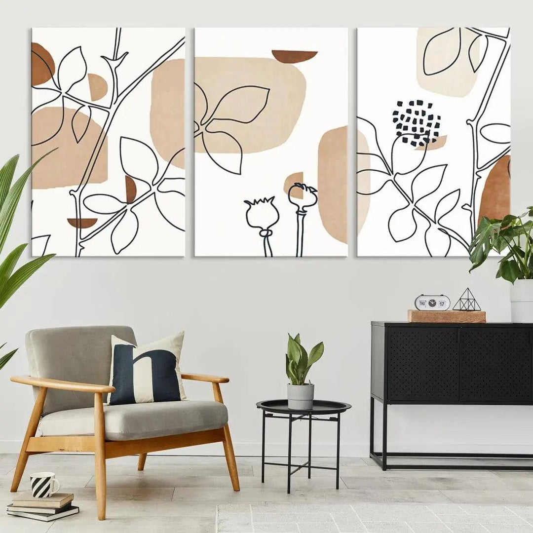 Boho Floral Large Wall Art Botanical Canvas Print Mid Century Style Art