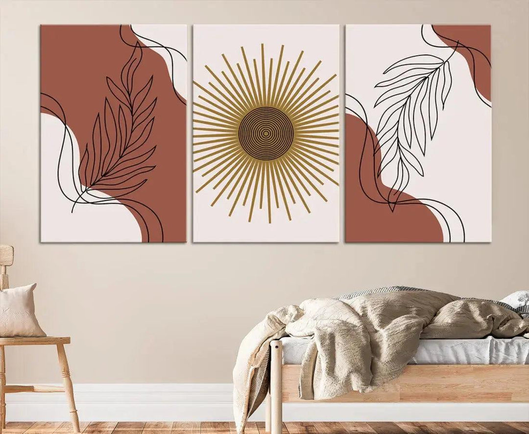 Boho Floral Lines and Sun Canvas Large Wall Art Mid Century Modern Print