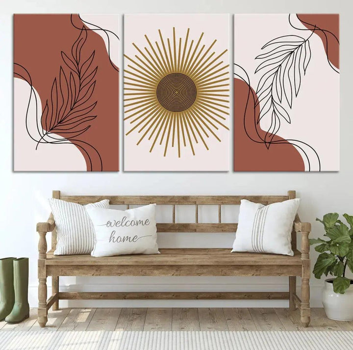 Boho Floral Lines and Sun Canvas Large Wall Art Mid Century Modern Print