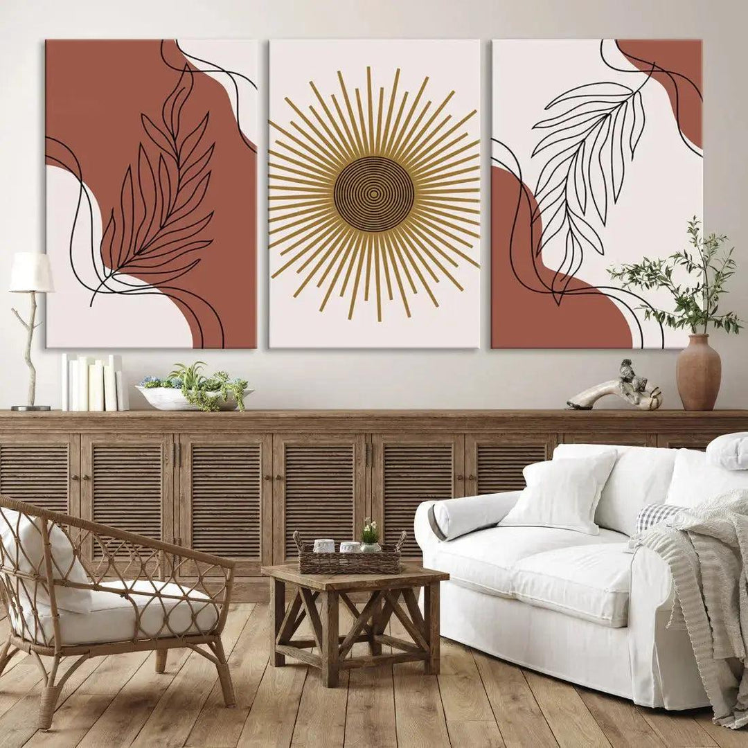 Boho Floral Lines and Sun Canvas Large Wall Art Mid Century Modern Print