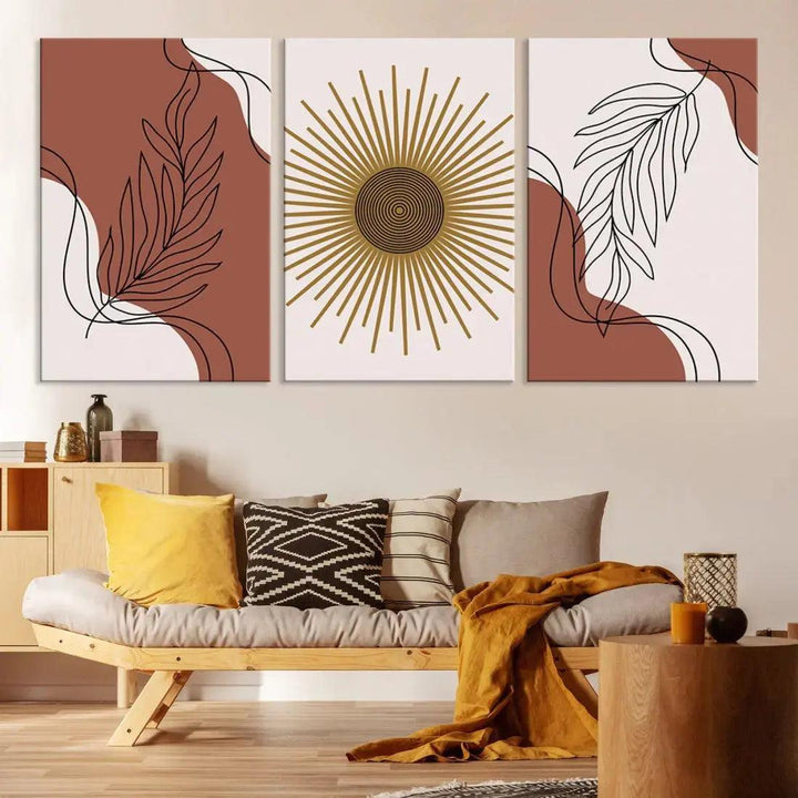 Boho Floral Lines and Sun Canvas Large Wall Art Mid Century Modern Print