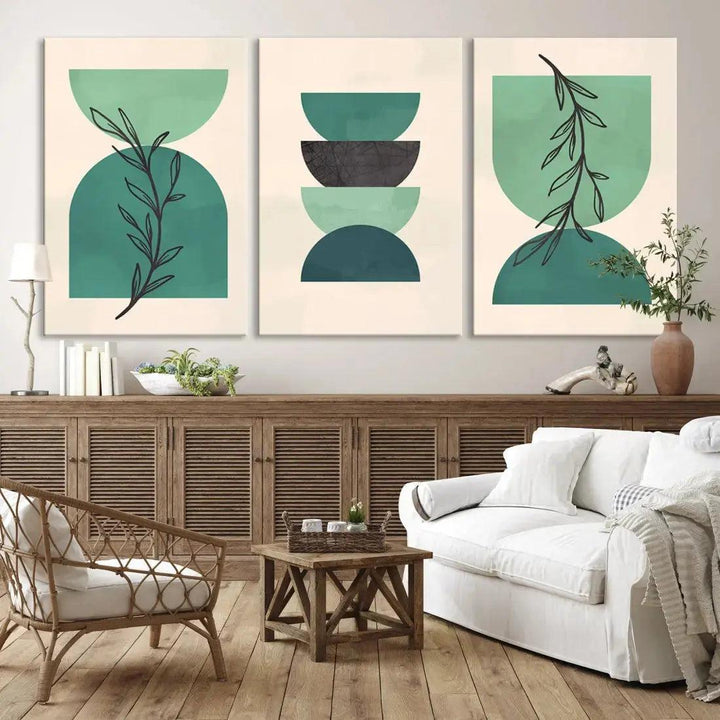 Boho Green Circles and Floral Wall Art Canvas Print Modern Minimal Style Art