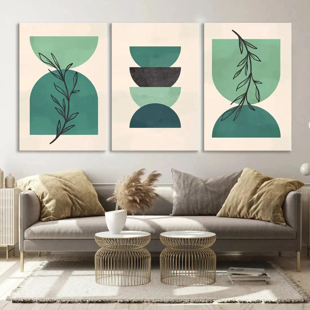 Boho Green Circles and Floral Wall Art Canvas Print Modern Minimal Style Art