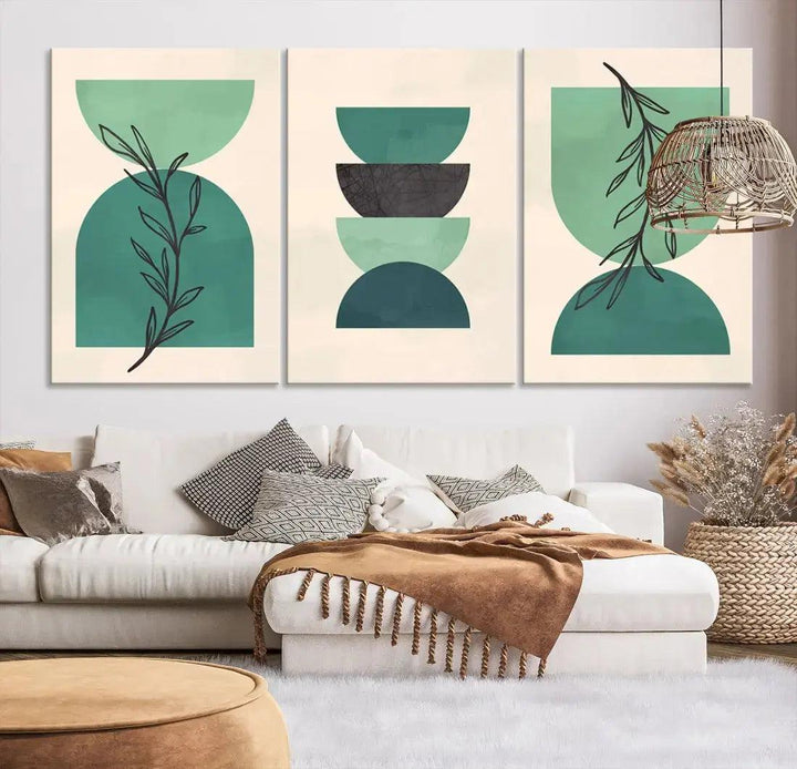 Boho Green Circles and Floral Wall Art Canvas Print Modern Minimal Style Art