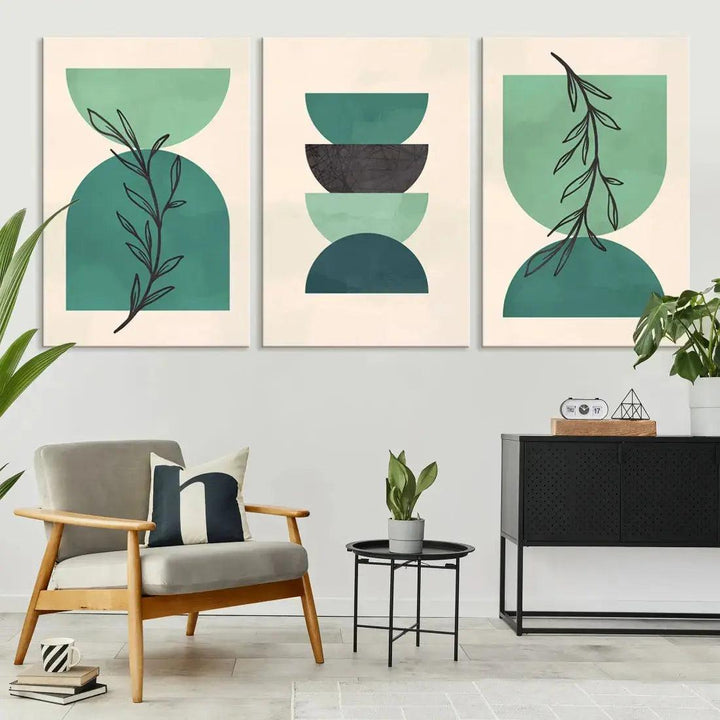 Boho Green Circles and Floral Wall Art Canvas Print Modern Minimal Style Art