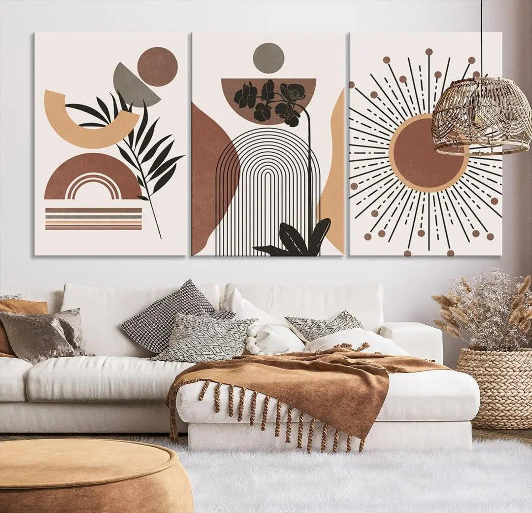 Boho Mid Century Wall Art Print Neutral Shapes Modern Canvas Painting Framed