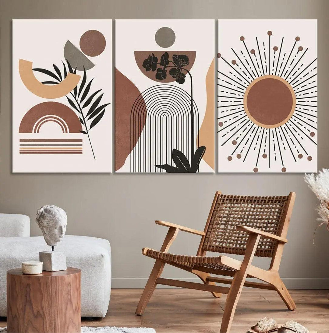 Boho Mid Century Wall Art Print Neutral Shapes Modern Canvas Painting Framed