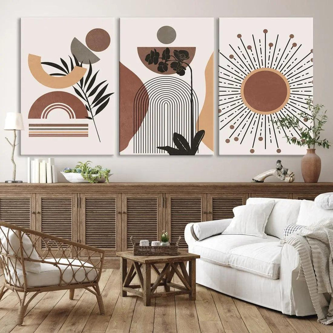 Boho Mid Century Wall Art Print Neutral Shapes Modern Canvas Painting Framed