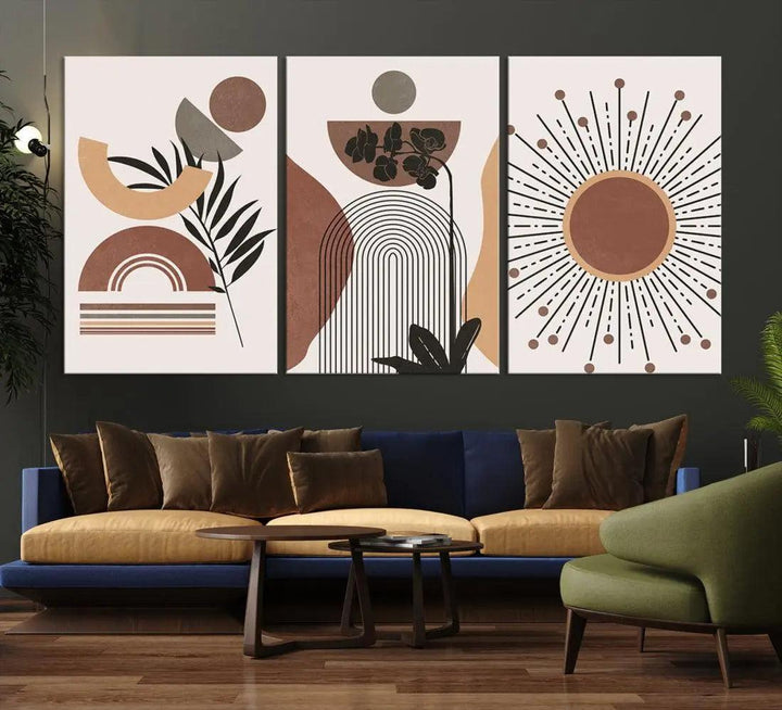 Boho Mid Century Wall Art Print Neutral Shapes Modern Canvas Painting Framed