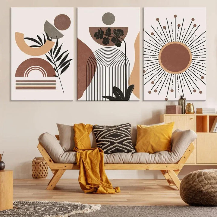 Boho Mid Century Wall Art Print Neutral Shapes Modern Canvas Painting Framed