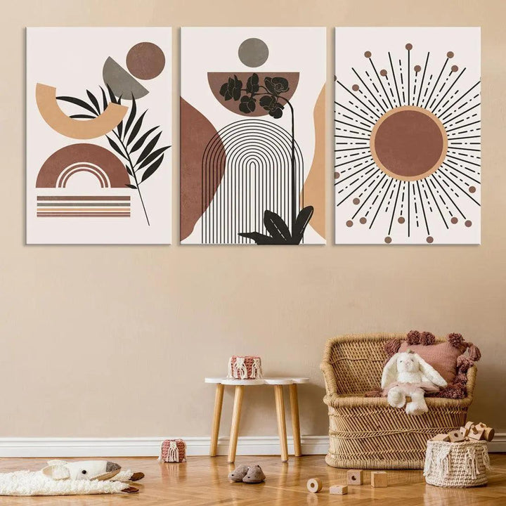 Boho Mid Century Wall Art Print Neutral Shapes Modern Canvas Painting Framed