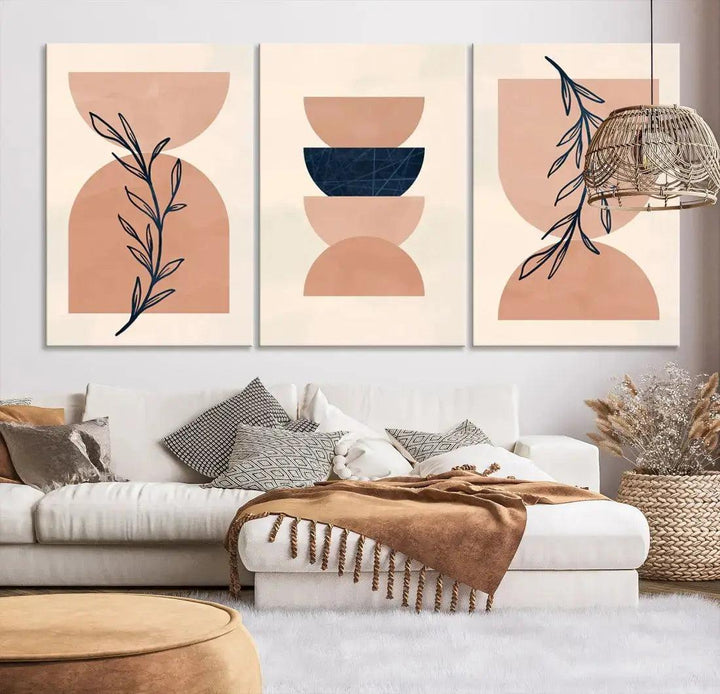 Boho Neutral Circles Floral Large Wall Art Canvas Print Mid Century Modern Print