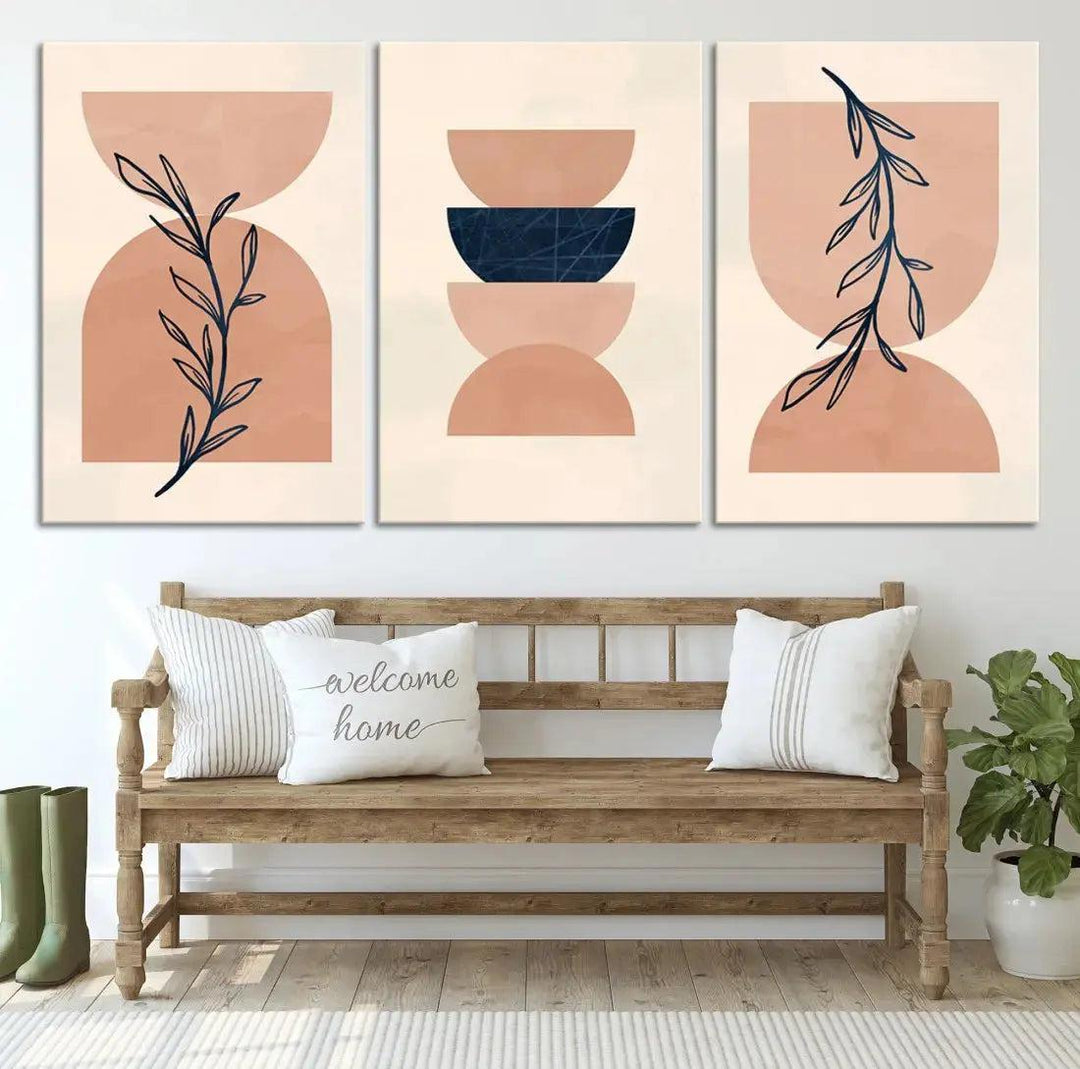 Boho Neutral Circles Floral Large Wall Art Canvas Print Mid Century Modern Print