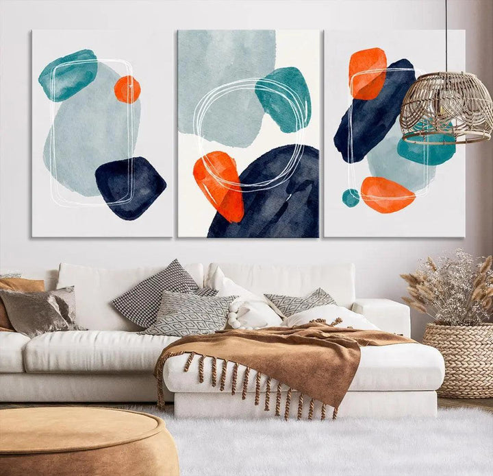 Boho Orange and Turquoise Modern Minimal Style Large Wall Art Canvas Print