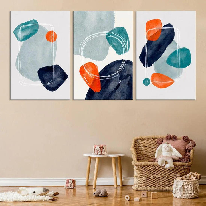 Boho Orange and Turquoise Modern Minimal Style Large Wall Art Canvas Print